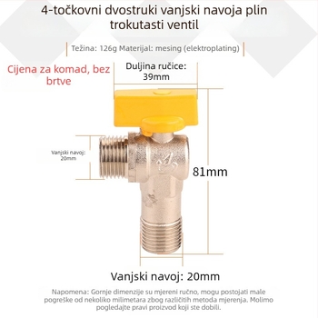 Kuglični kutni ventil od cjelomedenog bakra s navojem, za plin i vodu, 1,6 MPa