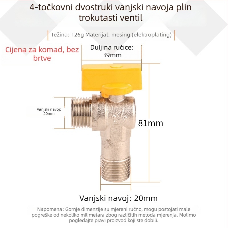 Kuglični kutni ventil od cjelomedenog bakra s navojem, za plin i vodu, 1,6 MPa
