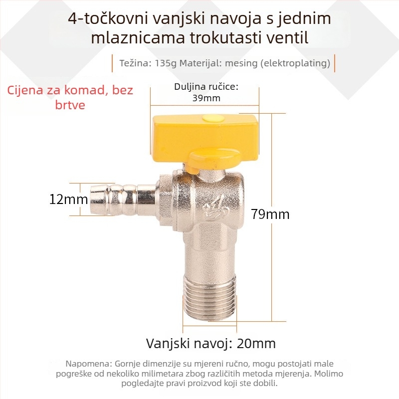 Kuglični kutni ventil od cjelomedenog bakra s navojem, za plin i vodu, 1,6 MPa