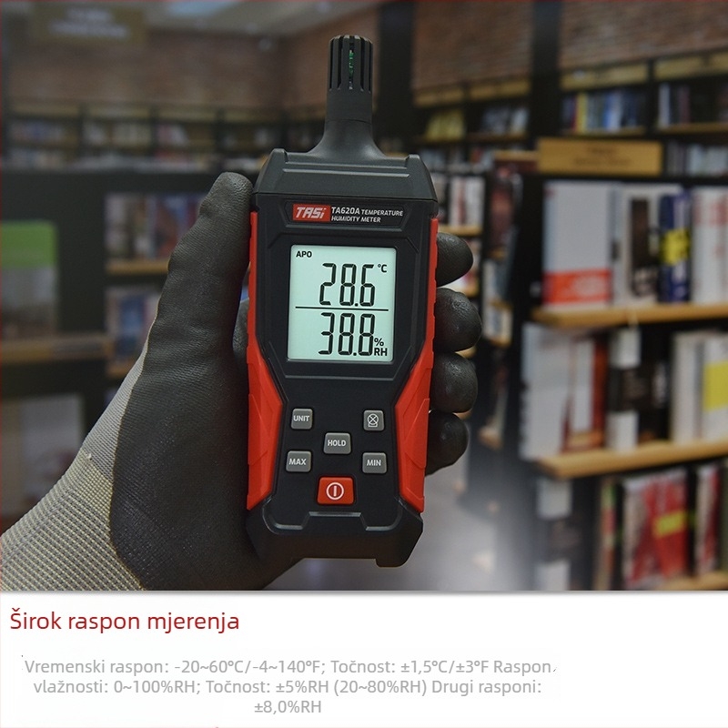 TA620A ručni higrometar za unutarnju upotrebu – industrijske razine preciznosti; raspon -20 do 60 °C; greška mjerenja temperature ±1,5%, vlage ±1,5%; rezolucija 0,01; napajanje 2×AAA