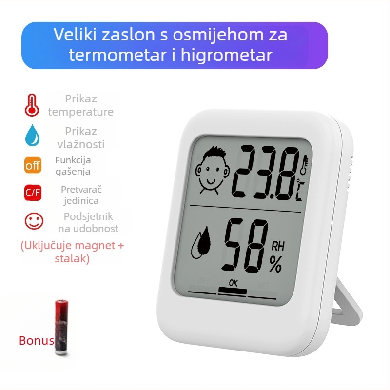 Digitalni mjerni uređaj za temperaturu i vlage, model F21, raspon temperature -9,9 do 50 °C, raspon vlage 10–99%, točnost vlage ±5%, napajanje AAA baterijom