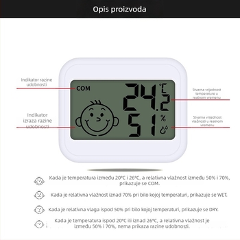 Soba termometar s digitalnim higrometrom, rezolucija 0,1°C, mjerenje unutarnje temperature i vlage