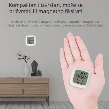 Mini elektronički termometar i higrometar za kućnu upotrebu, visoka preciznost mjerenja temperature i vlage, sa magnetom i dvostrano ljepilnom trakom