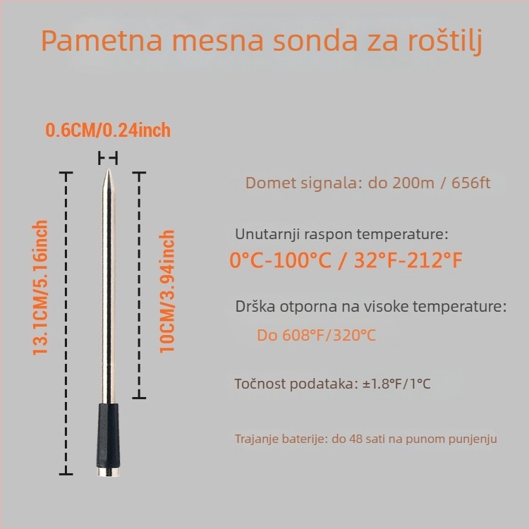 Termometar za hranu s rezolucijom ±1°C, duga i kratke dvostruke igle, bambusovo tijelo, mogućnost prilagodbe