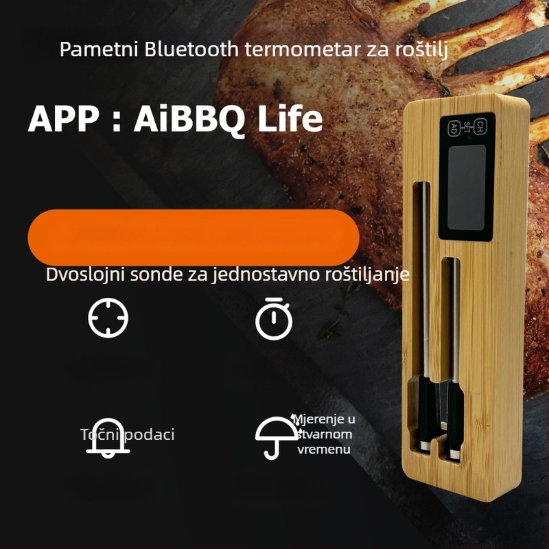 Termometar za hranu s rezolucijom ±1°C, duga i kratke dvostruke igle, bambusovo tijelo, mogućnost prilagodbe