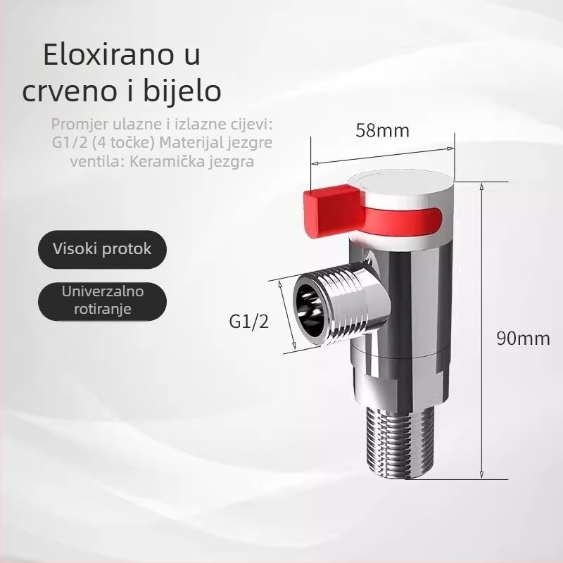 Kromirani kutni ventil velikog protoka, 360° rotacija, za WC i električni bojler, legura cinka (Model: Ventil velikog protoka; Radni tlak: 10; Spoj: Rotacija; Materijal: Cink legura)