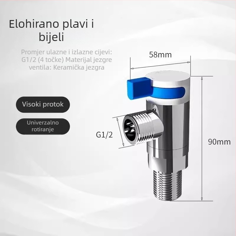 Kromirani kutni ventil velikog protoka, 360° rotacija, za WC i električni bojler, legura cinka (Model: Ventil velikog protoka; Radni tlak: 10; Spoj: Rotacija; Materijal: Cink legura)