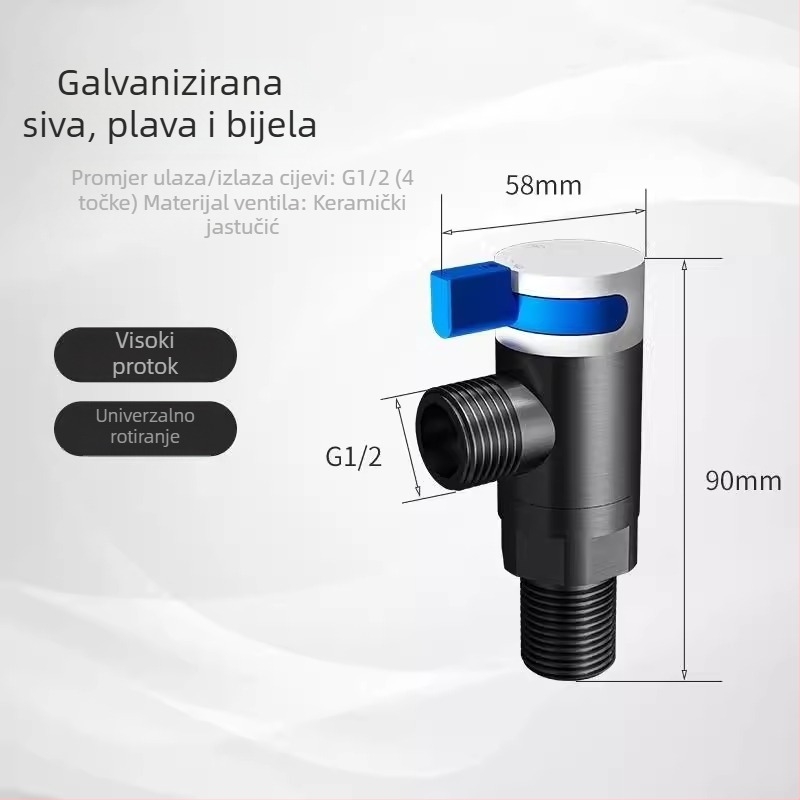 Kromirani kutni ventil velikog protoka, 360° rotacija, za WC i električni bojler, legura cinka (Model: Ventil velikog protoka; Radni tlak: 10; Spoj: Rotacija; Materijal: Cink legura)