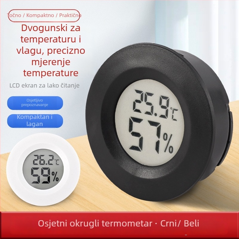 Tuojie okrugli digitalni termometar za gmizavce i mjerač vlažnosti u akrilnom kućištu, sa prekidačkim očitavanjem, napajan AG13 baterijom