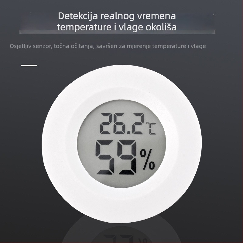 Tuojie okrugli digitalni termometar za gmizavce i mjerač vlažnosti u akrilnom kućištu, sa prekidačkim očitavanjem, napajan AG13 baterijom