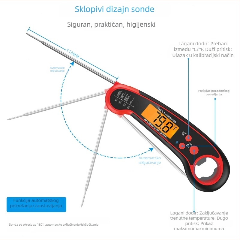Sklopivi vodootporni digitalni kuhinjski termometar, termometar za pećnicu visokih temperatura, -50°C do 300°C