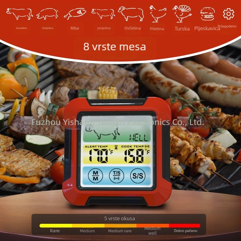 BBQ i kuhinjski termometar za hranu s dodirnim zaslonom u boji i tajmerom, vodootporan, raspon -20°C do 300°C, točnost ±1°C