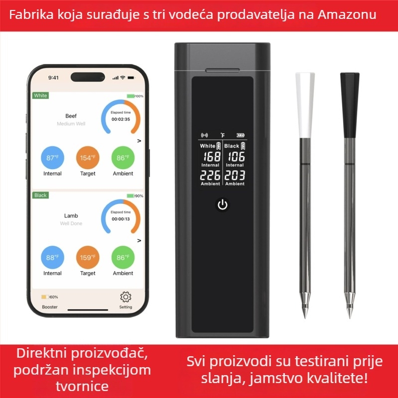 Bluetooth bežični termometar za hranu za BBQ i kuhinju – rezolucija 0.1°C; sonda -10°C do 100°C; keramički kraj -10°C do 300°C