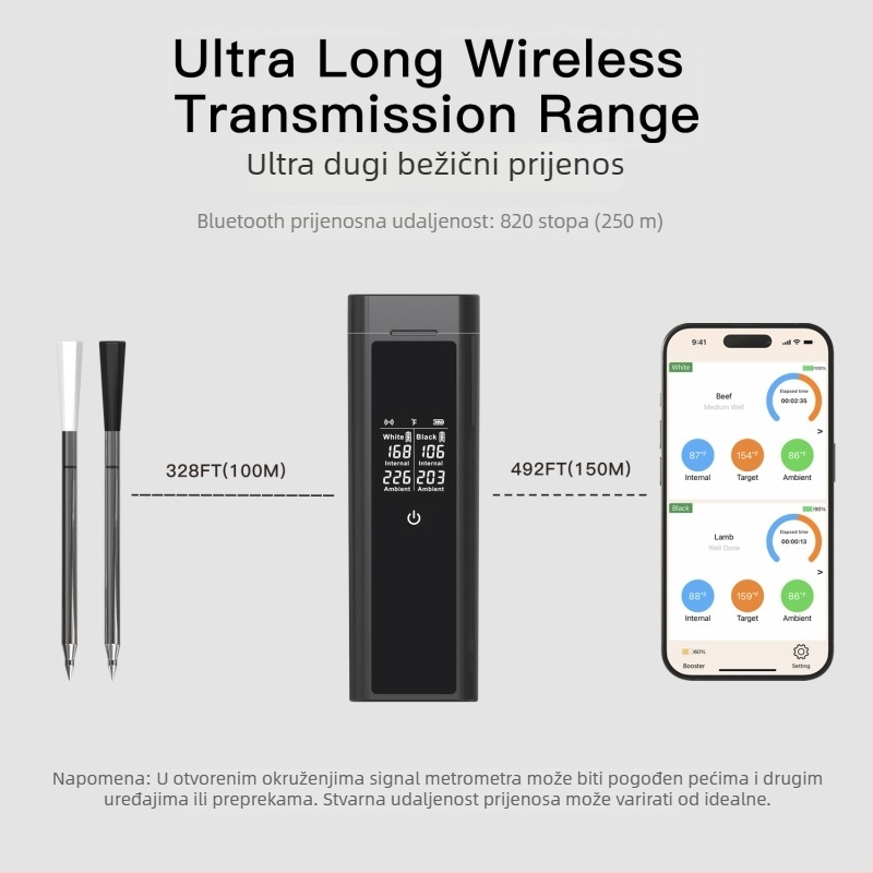 Bluetooth bežični termometar za hranu za BBQ i kuhinju – rezolucija 0.1°C; sonda -10°C do 100°C; keramički kraj -10°C do 300°C