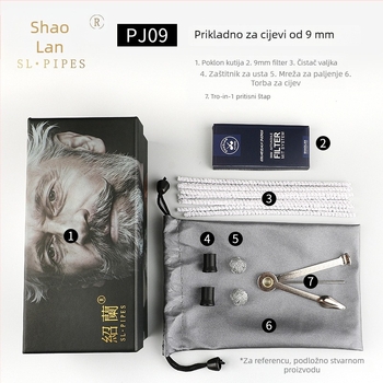 Set dodataka za lulu od drveta Heather: tlakova šipka, nož za lulu, igla za čišćenje, filtar lule, čistilna traka