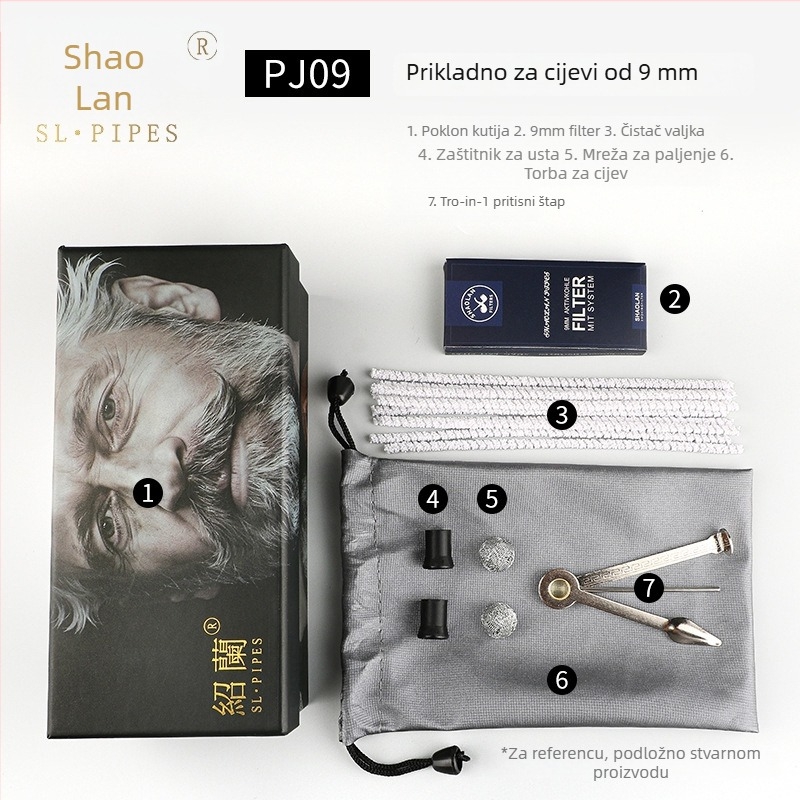 Set dodataka za lulu od drveta Heather: tlakova šipka, nož za lulu, igla za čišćenje, filtar lule, čistilna traka