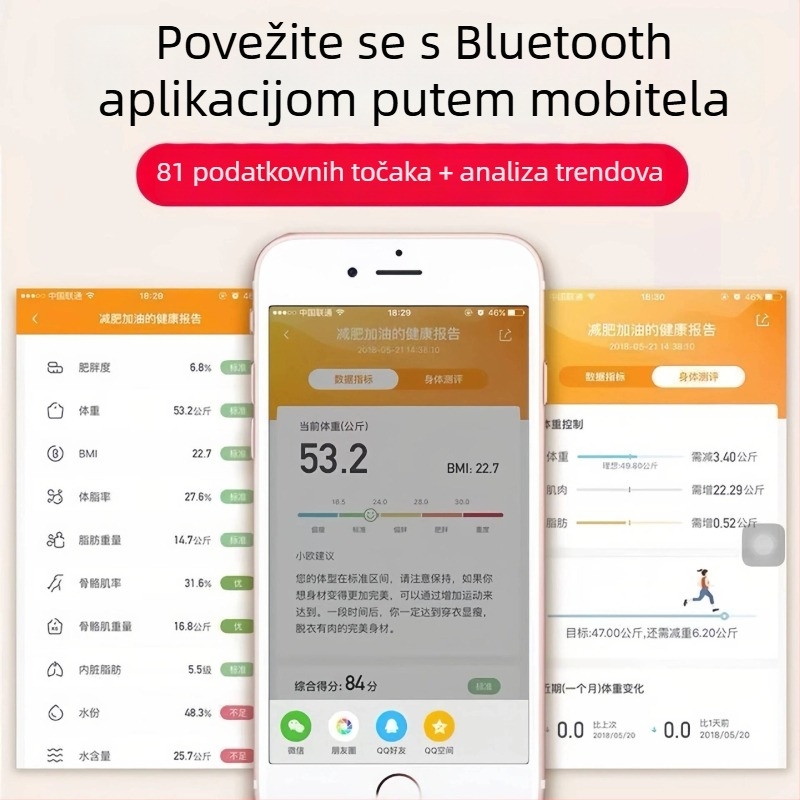 Vaga za postotak tjelesne masnoće s Bluetoothom, USB punjenje, za kućnu upotrebu, mjerenje tjelesne masnoće, jednostavan dizajn, model ZC26