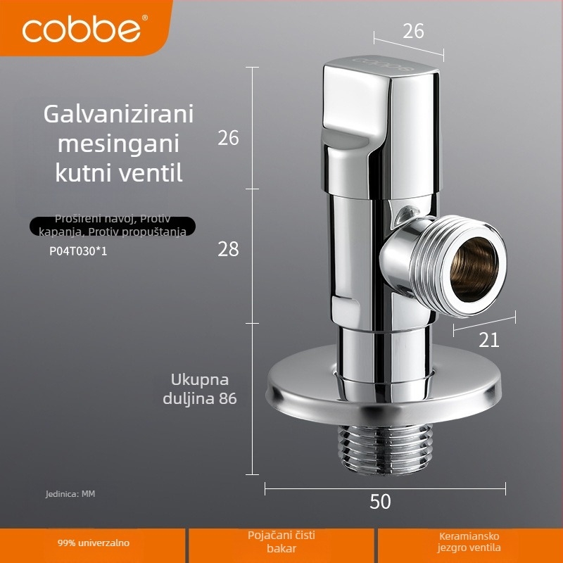 Bakreni kutni ventil za kupaonicu, Cobbe Kabey, model P04T030, moderan minimalistički stil