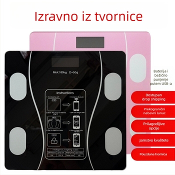 Elektronička vaga za mjerenje tjelesne težine i postotka tjelesne masnoće, s inteligentnim funkcijama, LCD zaslon, dodirno upravljanje, kaljeno staklo, kapacitet 180 kg (baterija/punjiva)