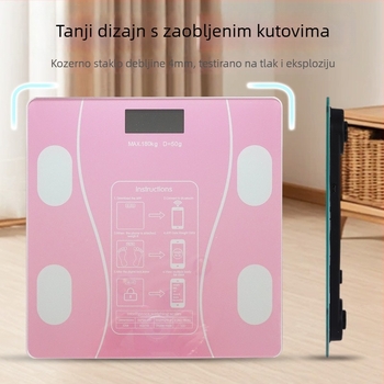 Elektronička vaga za mjerenje tjelesne težine i postotka tjelesne masnoće, s inteligentnim funkcijama, LCD zaslon, dodirno upravljanje, kaljeno staklo, kapacitet 180 kg (baterija/punjiva)