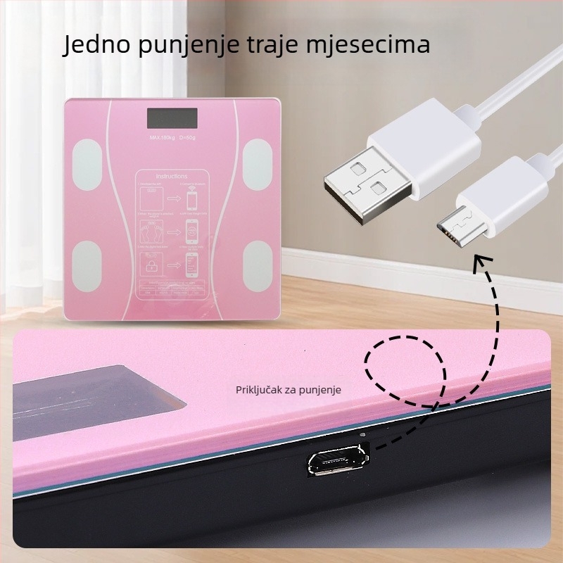 Elektronička vaga za mjerenje tjelesne težine i postotka tjelesne masnoće, s inteligentnim funkcijama, LCD zaslon, dodirno upravljanje, kaljeno staklo, kapacitet 180 kg (baterija/punjiva)