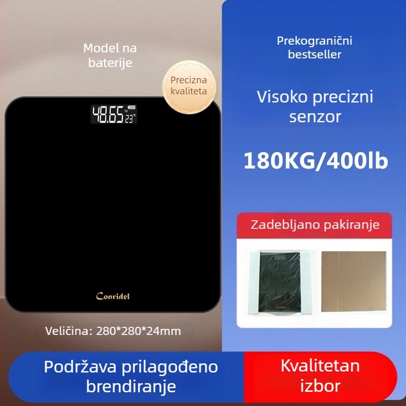 Bluetooth digitalna vaga za tijelo s platformom od kaljenog stakla debljine 5 mm, dimenzije 280×280 mm, mjeri težinu, tjelesnu masnoću, vlagu i kalorije, nosivost 180 kg, crna