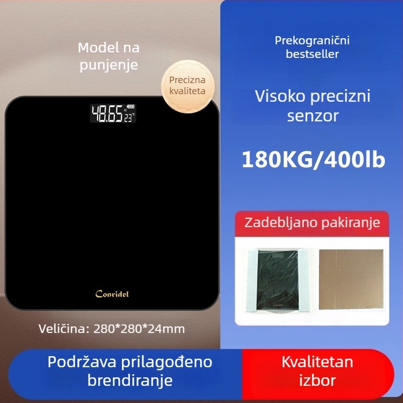 Bluetooth digitalna vaga za tijelo s platformom od kaljenog stakla debljine 5 mm, dimenzije 280×280 mm, mjeri težinu, tjelesnu masnoću, vlagu i kalorije, nosivost 180 kg, crna