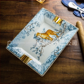 Lubinski keramički pepeo‑njak za cigare sa Snow Leopard motivom, dvostruki utor, pohrana i otisak logotipa