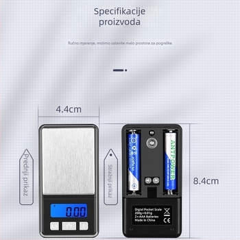 Prijenosna mini precizna elektronička vaga za nakit – raspon mjere 0,01–500 g, model 8017, ABS plast, LCD zaslon, napajanje s dvije AA baterije