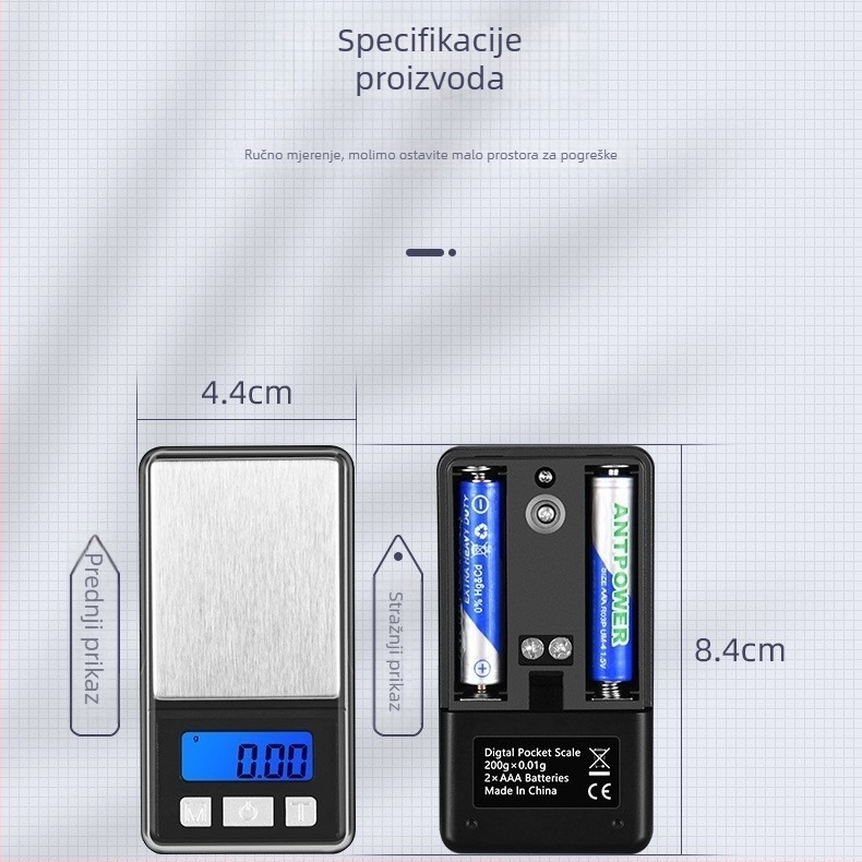 Prijenosna mini precizna elektronička vaga za nakit – raspon mjere 0,01–500 g, model 8017, ABS plast, LCD zaslon, napajanje s dvije AA baterije