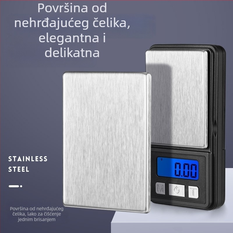 Prijenosna mini precizna elektronička vaga za nakit – raspon mjere 0,01–500 g, model 8017, ABS plast, LCD zaslon, napajanje s dvije AA baterije