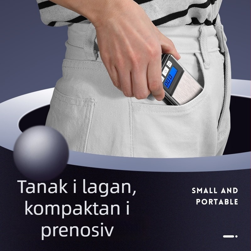 Prijenosna mini precizna elektronička vaga za nakit – raspon mjere 0,01–500 g, model 8017, ABS plast, LCD zaslon, napajanje s dvije AA baterije