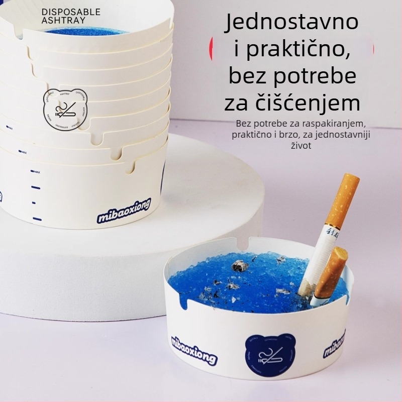 Jednokratni papirnati pepel­njak za dnevni boravak, ured, poslovne prostore, hotel i kafić s ugrađenim pijeskom za gašenje dima; moguć tisk loga; 25 komada po bačvi