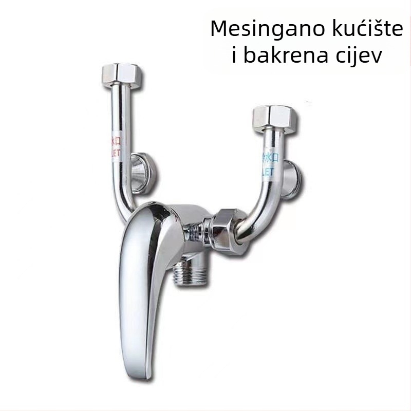 Mosazni U-oblik tuš miješac za grijanje vode, otvorena montaža, model 09; radni tlak atmosferični; topla voda 90°C; hladna voda 0°C; stil: moderni minimalistički