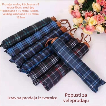 Deset-rebrasti karirani sklopivi kišobran s ojačanim okvirom, UV zaštita, poliester 190T, ručno otvaranje zatvaranje