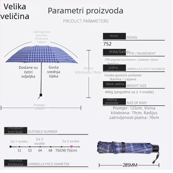 Deset-rebrasti karirani sklopivi kišobran s ojačanim okvirom, UV zaštita, poliester 190T, ručno otvaranje zatvaranje
