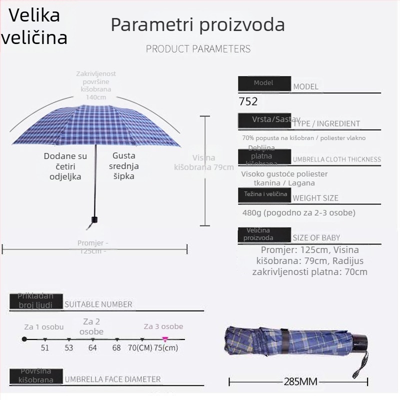 Deset-rebrasti karirani sklopivi kišobran s ojačanim okvirom, UV zaštita, poliester 190T, ručno otvaranje zatvaranje