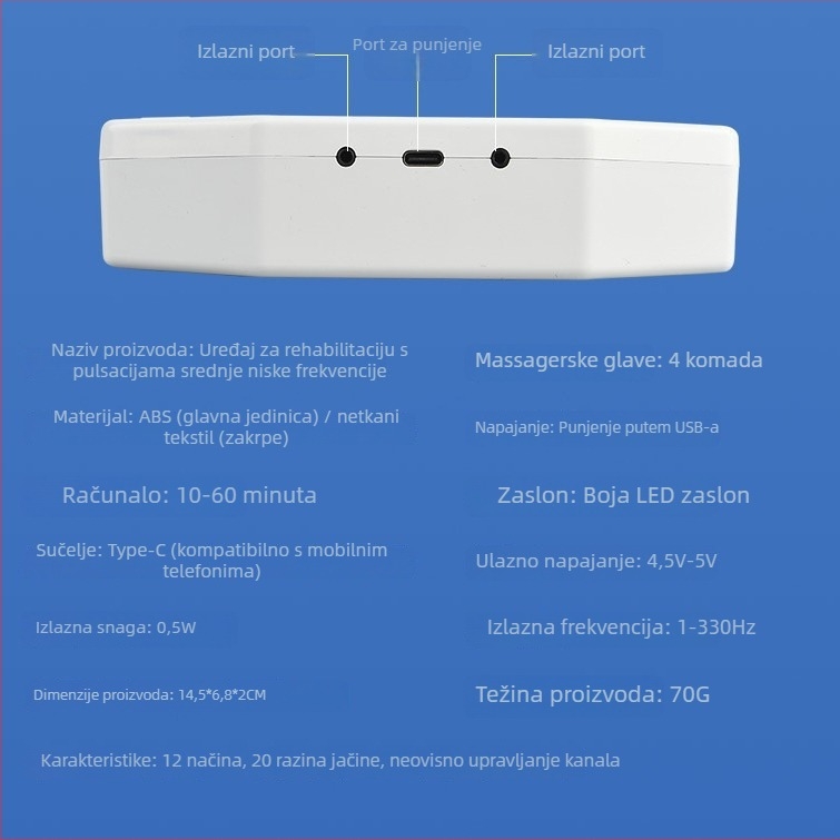 Višestruki masažni flaster za vrat, leđa i struk — EMS masaža s 4 elektroda, vibracijska masaža, USB napajanje, više načina (Model 039)