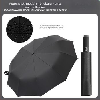 Potpuno automatski kišobran za sunce i kišu, crni premaz, 10 rebara, sklopivi poslovni kišobran s mogućnošću otiska logotipa, UV zaštita UPF50+