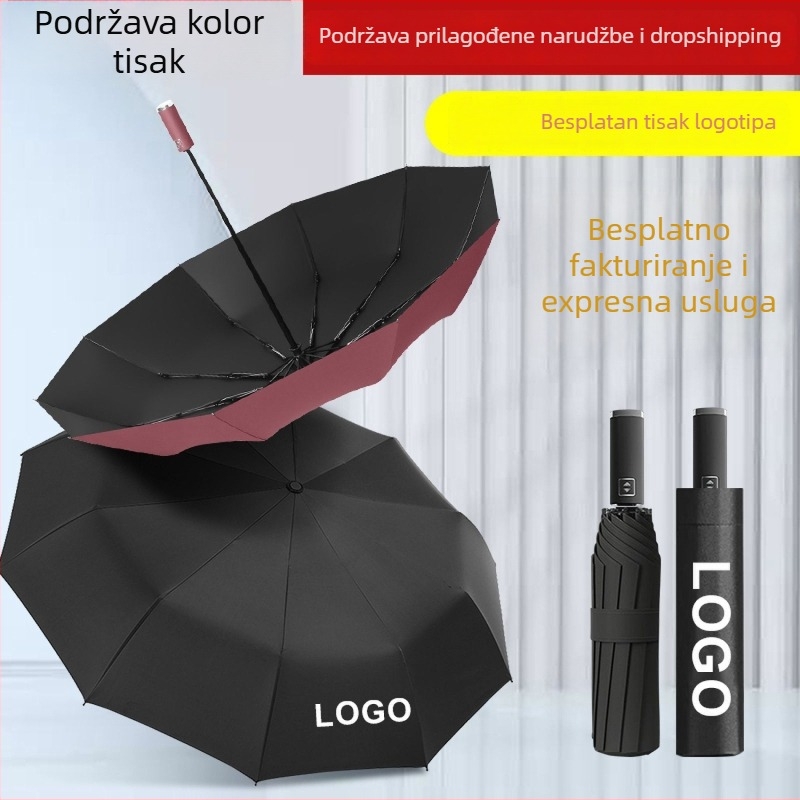 Potpuno automatski kišobran za sunce i kišu, crni premaz, 10 rebara, sklopivi poslovni kišobran s mogućnošću otiska logotipa, UV zaštita UPF50+