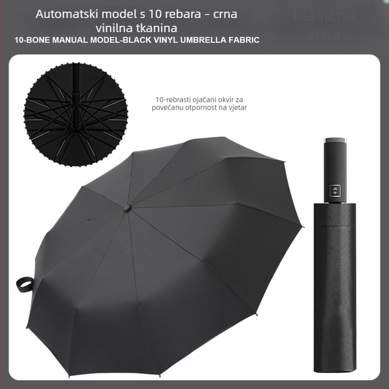 Potpuno automatski kišobran za sunce i kišu, crni premaz, 10 rebara, sklopivi poslovni kišobran s mogućnošću otiska logotipa, UV zaštita UPF50+