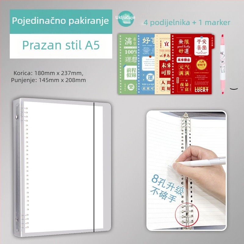 Zamjenjiva bilježnica s listovima: stranice s mrežom, linije i prazne, prozirni zaštitni poklopac, model 0325, 60 listova