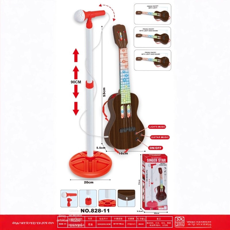 Dječja edukativna simulirana glazbena igračka – gitara i bas, drveni zamak dizajn s rasvjetnim efektima (Materijal: Plast; Kategorija: Simulirani glazbeni instrumenti; Pakiranje: Šarena kutija; Uzrast: 7–14 godina)