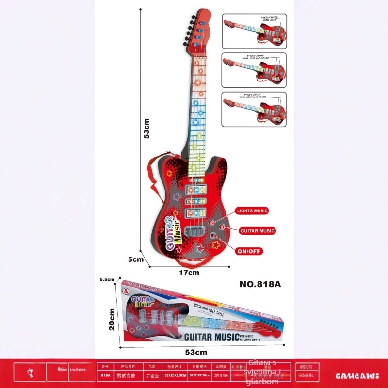 Dječja edukativna simulirana glazbena igračka – gitara i bas, drveni zamak dizajn s rasvjetnim efektima (Materijal: Plast; Kategorija: Simulirani glazbeni instrumenti; Pakiranje: Šarena kutija; Uzrast: 7–14 godina)