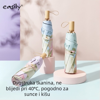 EASILY trostrano sklopivi kišobran s UV zaštitom UPF50+, 8 rebara, tkanina od poliestera 210T, aluminijska konstrukcija, drvena drška