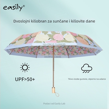 EASILY trostrano sklopivi kišobran s UV zaštitom UPF50+, 8 rebara, tkanina od poliestera 210T, aluminijska konstrukcija, drvena drška