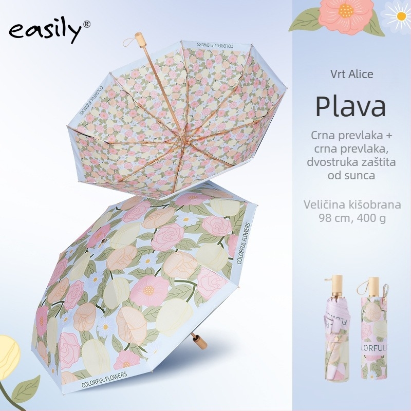 EASILY trostrano sklopivi kišobran s UV zaštitom UPF50+, 8 rebara, tkanina od poliestera 210T, aluminijska konstrukcija, drvena drška