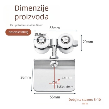 Kotač/rolna za staklena vrata za klizna vrata, kućište od nehrđajućeg čelika, utor za užad 8 mm, vanjski promjer klešta 5-9 mm, kvadratni ili kružni model, nosivost 175 kg