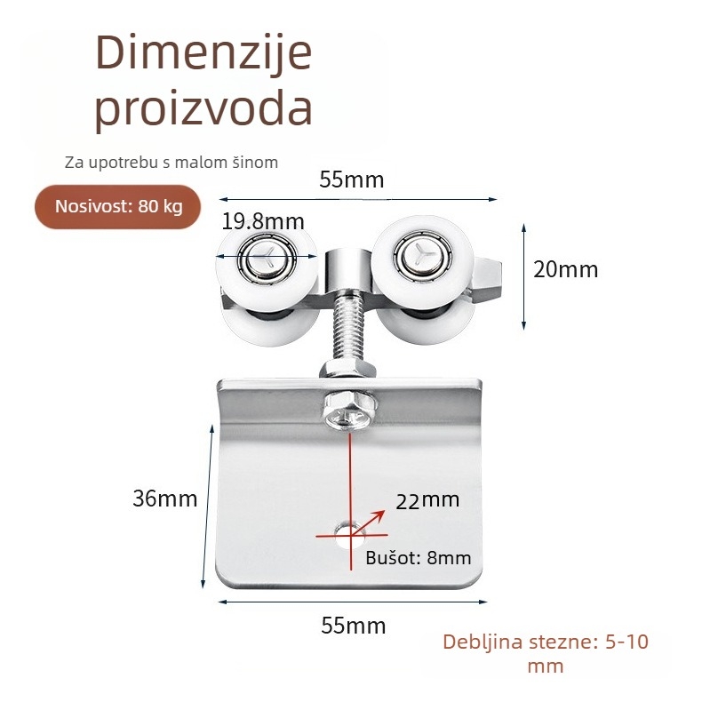 Kotač/rolna za staklena vrata za klizna vrata, kućište od nehrđajućeg čelika, utor za užad 8 mm, vanjski promjer klešta 5-9 mm, kvadratni ili kružni model, nosivost 175 kg
