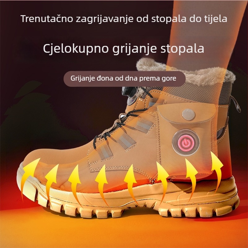 Muške grijane sigurnosne cipele s USB grijanjem, zaštita od udara i probijanja, vanjske zimske čizme, gornji dio od sintetičke kože, gumena potplat